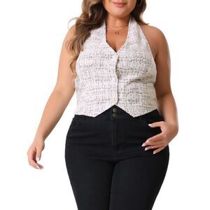 Plus Size Vintage Halter Button Down Tweed Suit Blazers Vests White